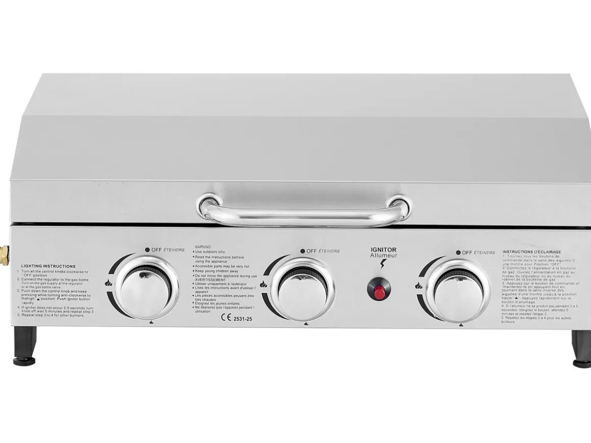 Plancha à gaz avec 3 bruleurs et couvercle en métal "Fasto" - 7,5 kw - Gris