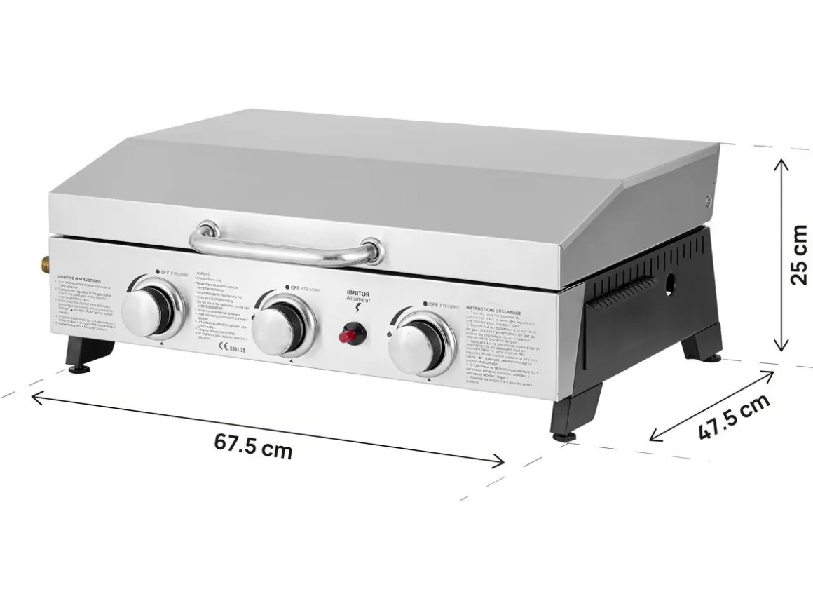 Plancha à gaz avec 3 bruleurs et couvercle en métal "Fasto" - 7,5 kw - Gris