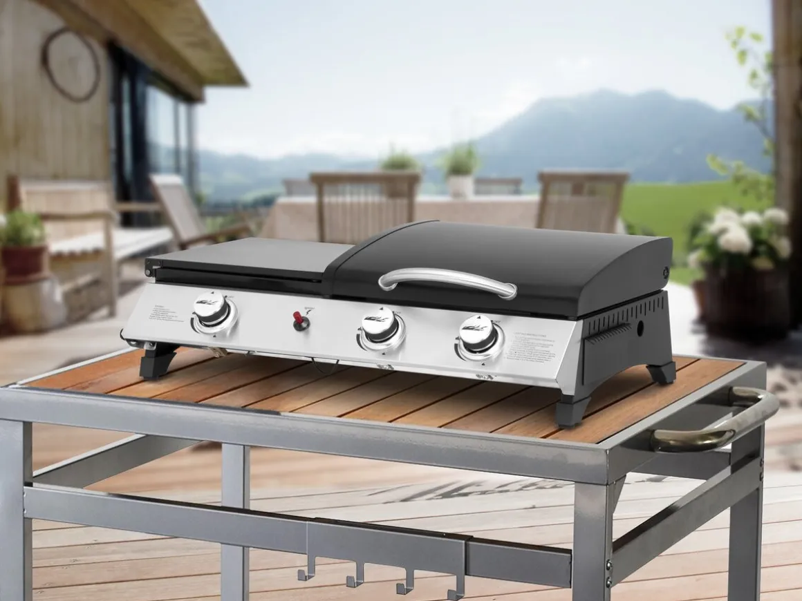 Plancha gaz avec couvercle "Rasio" - 7.5 KW - 3 brûleurs - Noir