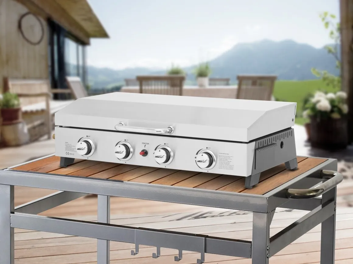 Plancha à gaz en inox avec 4 bruleurs et couvercle "Fasto" - 10 kw - Gris
