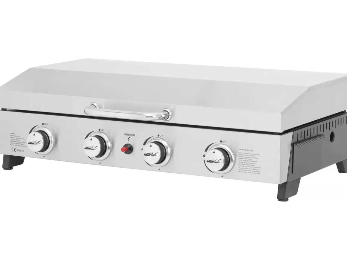 Plancha à gaz en inox avec 4 bruleurs et couvercle "Fasto" - 10 kw - Gris