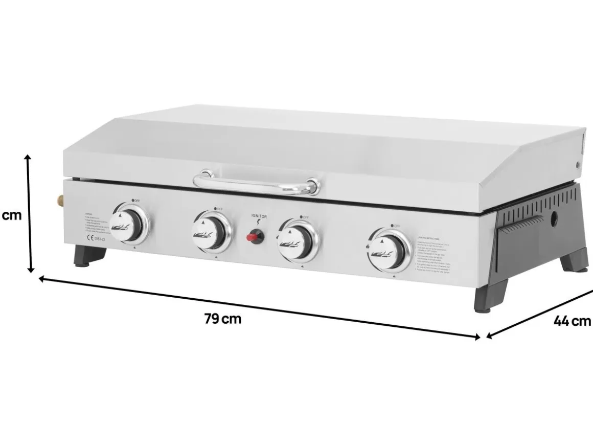 Plancha à gaz en inox avec 4 bruleurs et couvercle "Fasto" - 10 kw - Gris