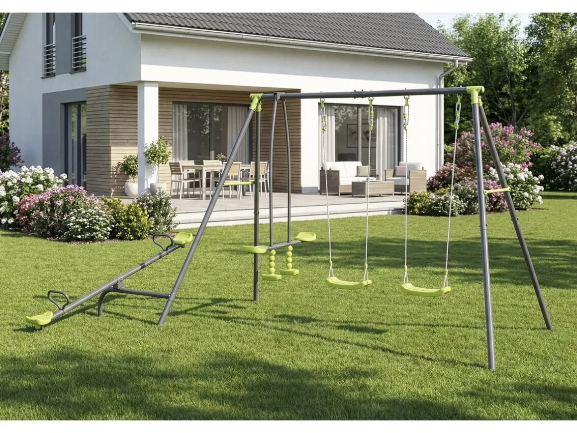 Portique de jeu en métal avec balançoire à bascule "Basile" - 4 agrès - Vert