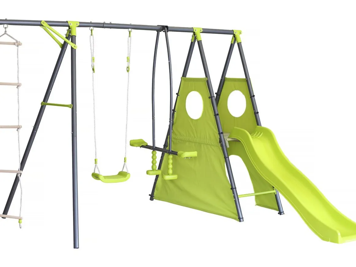 Portique de jeu métal avec toboggan "Dany"- 5 agrès - Vert