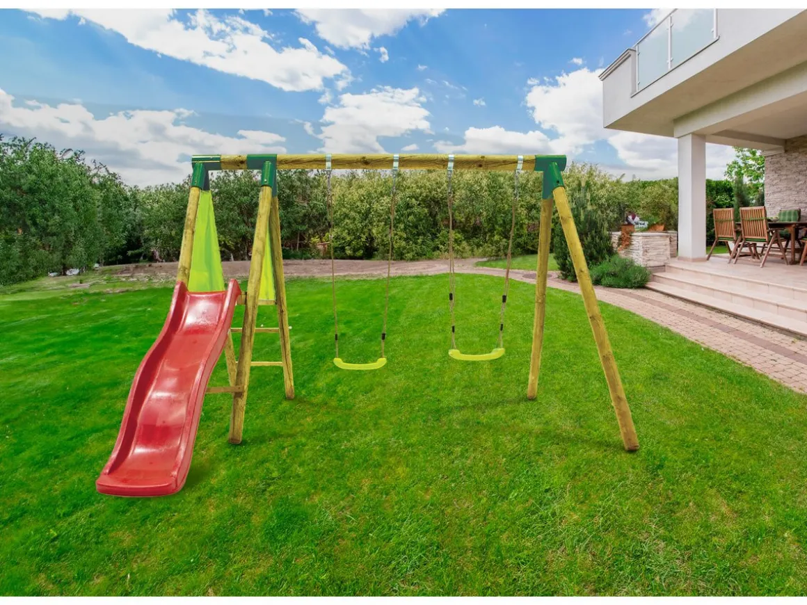 Portique en bois "Balanga" - Avec 1 Toboggan et 2 Balançoires.