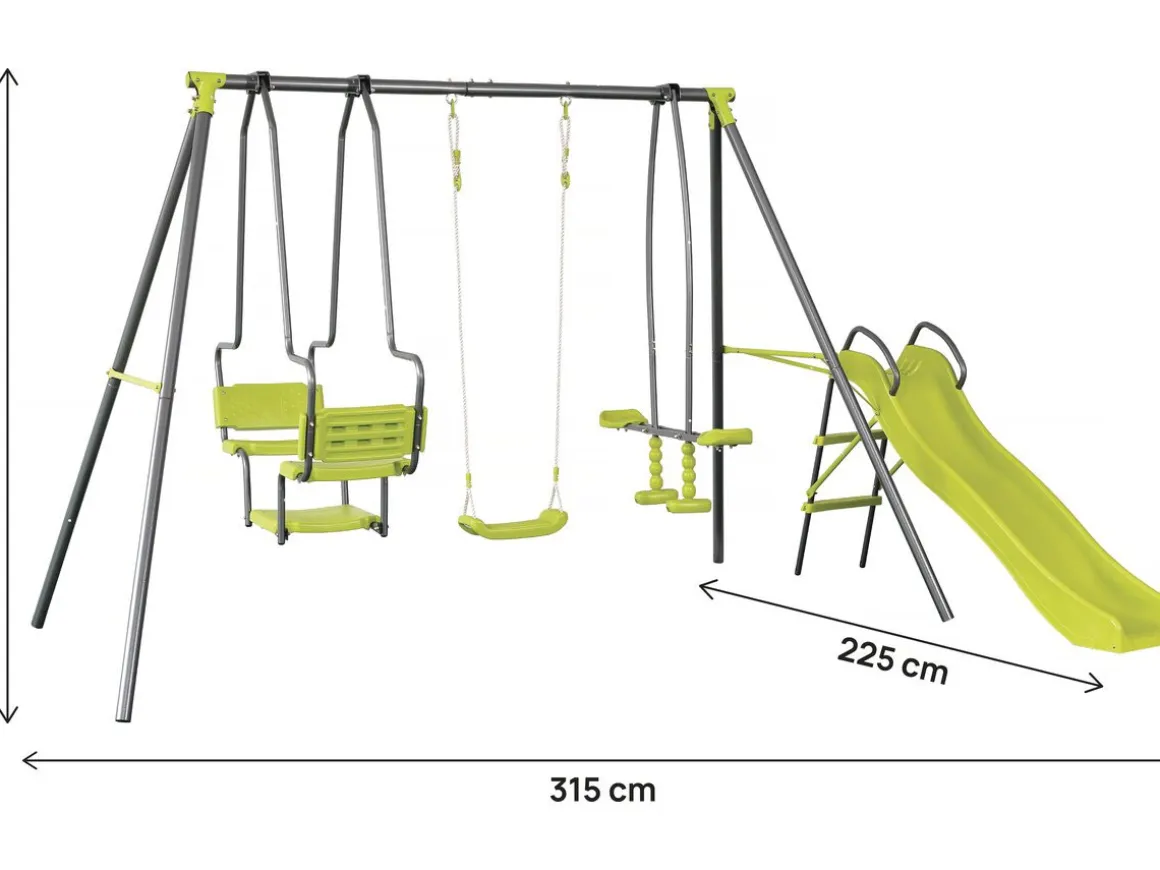Portique en métal avec toboggan "Ludo II" avec 4 agrès - Vert