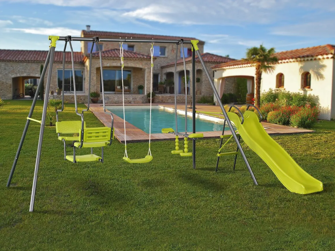Portique en métal avec toboggan "Ludo II" avec 4 agrès - Vert