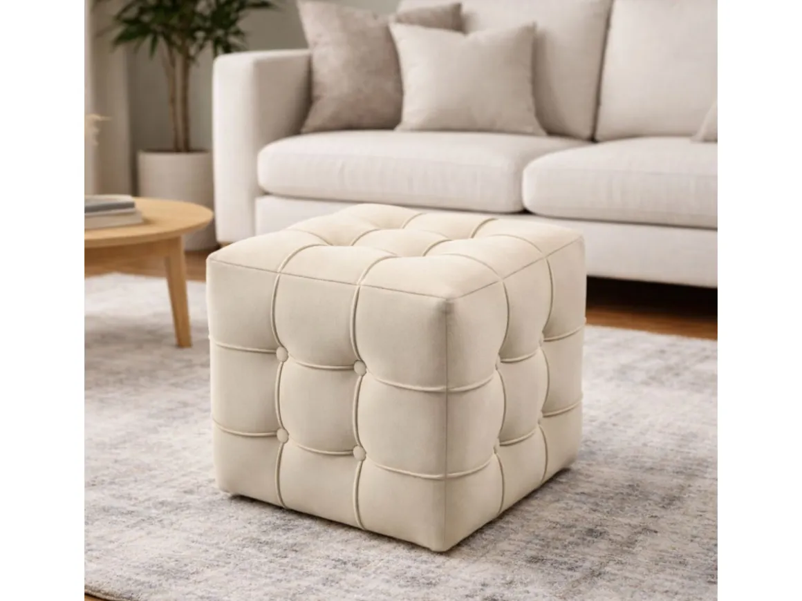 Pouf en velours "Lizbon" - 42 x 42 x 42 cm - Crème