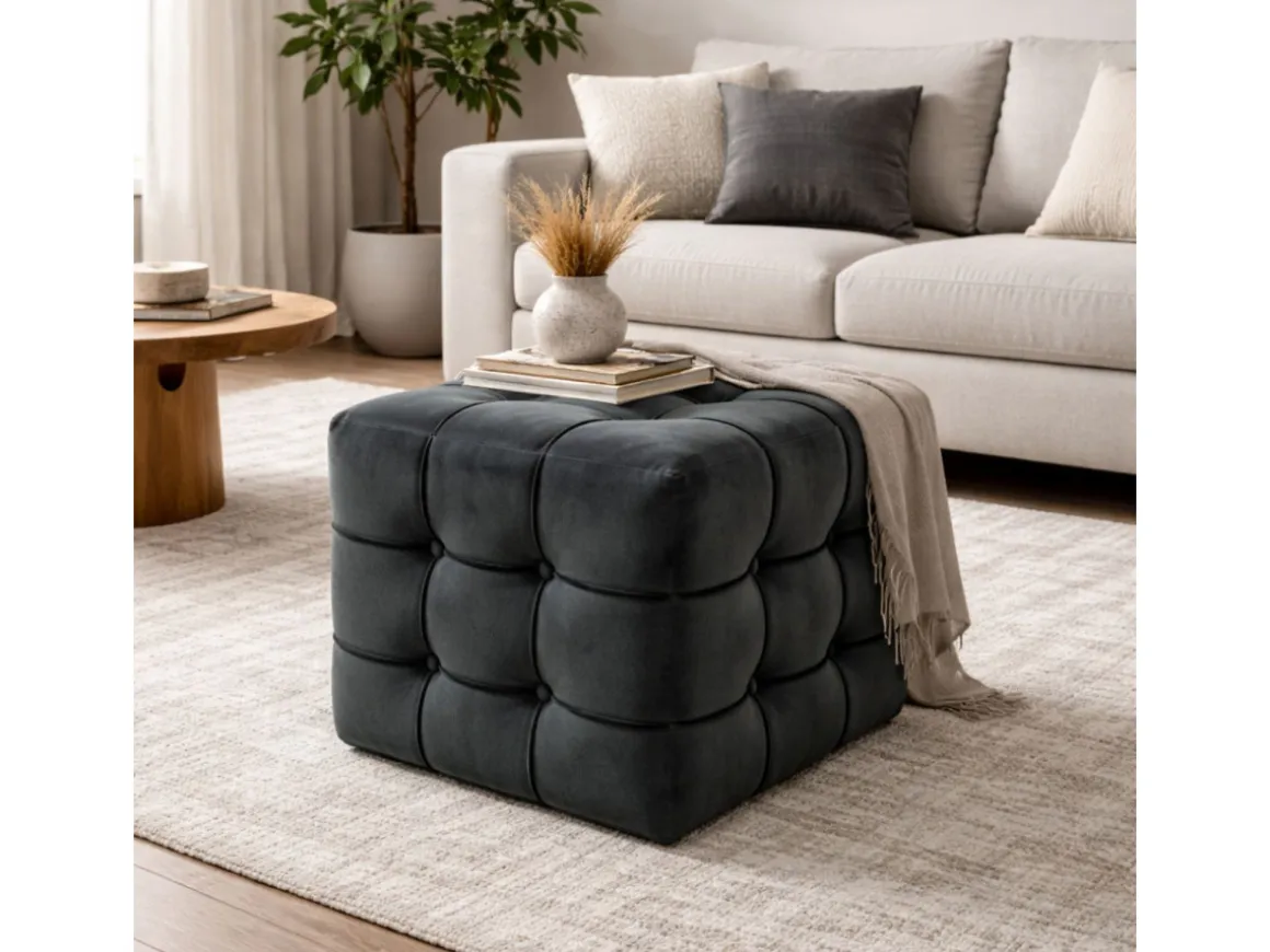 Pouf en velours "Lizbon" - 42 x 42 x 42 cm - Gris