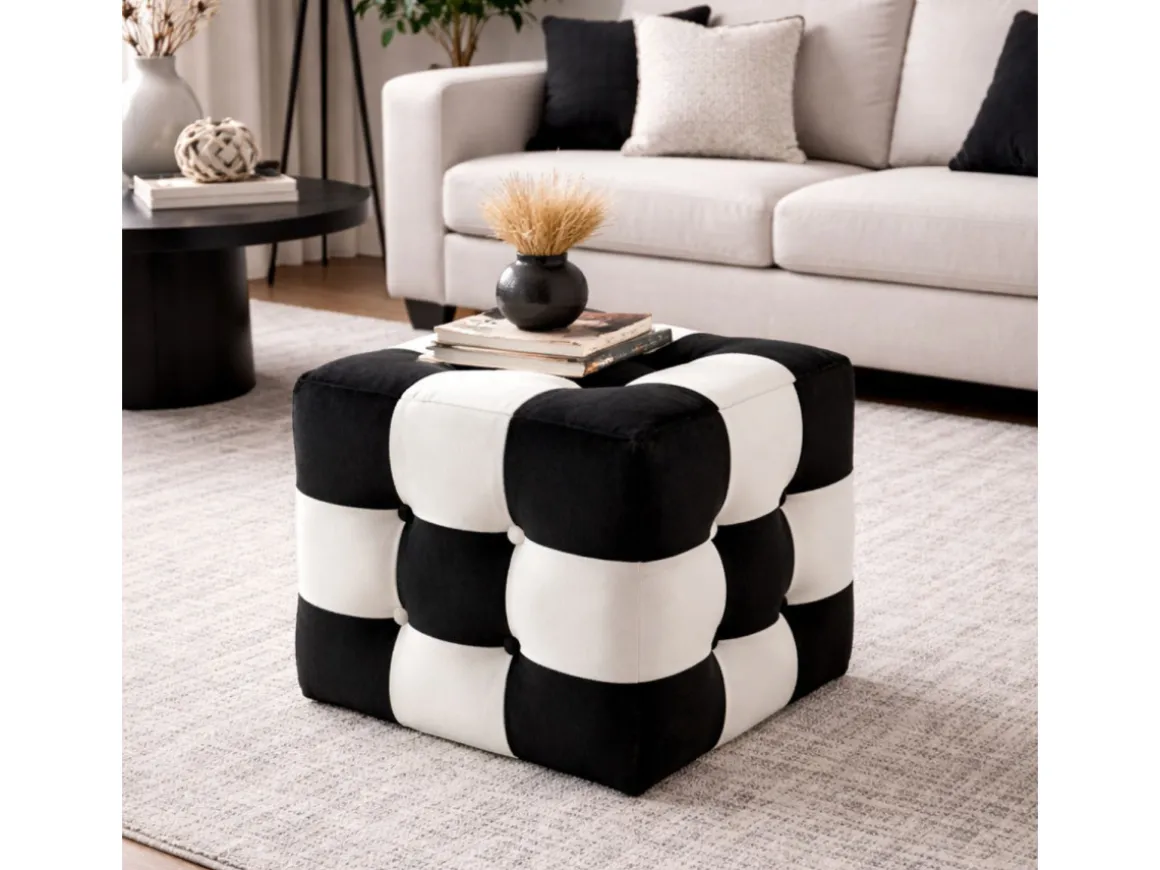 Pouf en velours "Patchwork" - 42 x 42 x 42 cm - Noir / Blanc