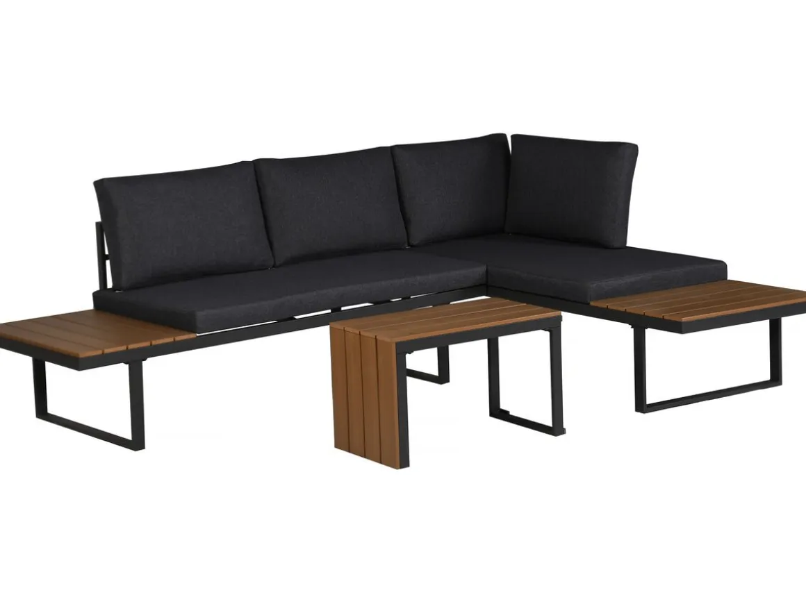 Salon de jardin canapé d'angle modulable décor imitation bois "Sylva" - 4 places - Gris