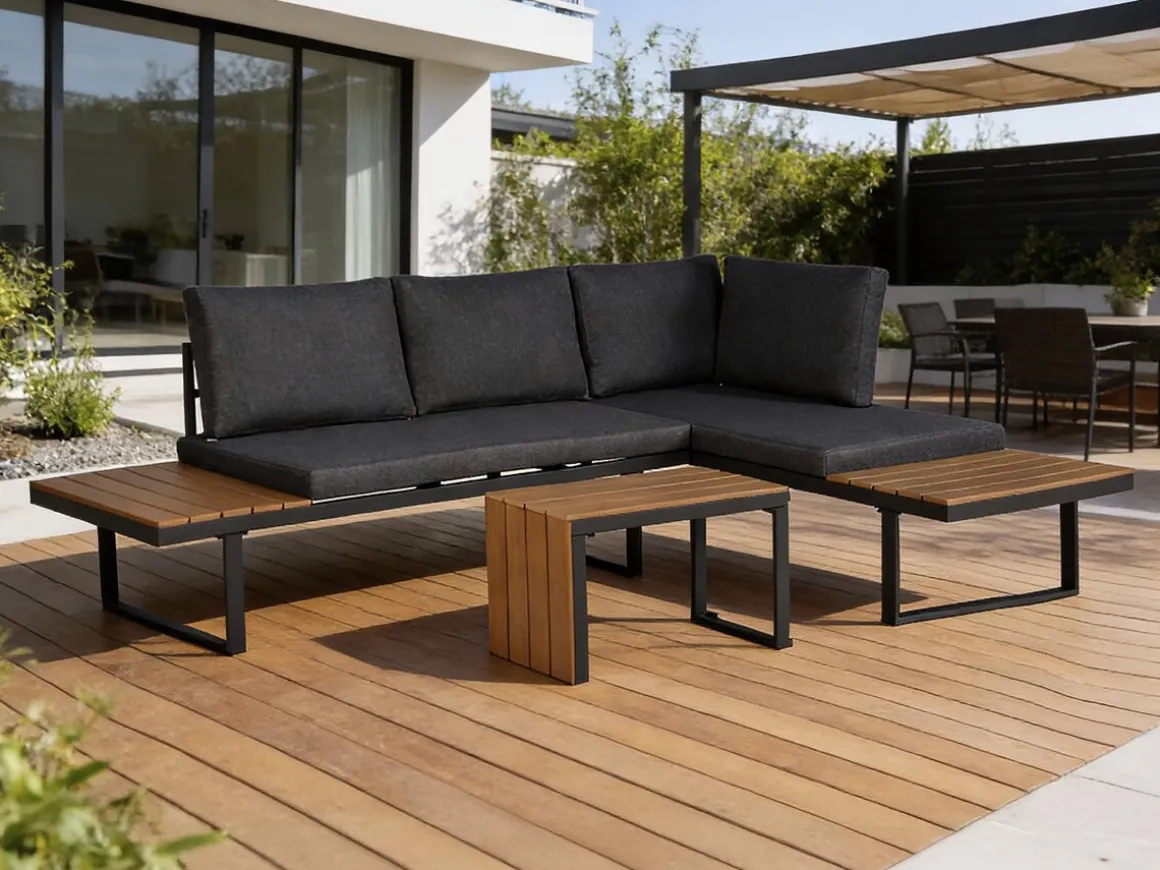Salon de jardin canapé d'angle modulable décor imitation bois "Sylva" - 4 places - Gris