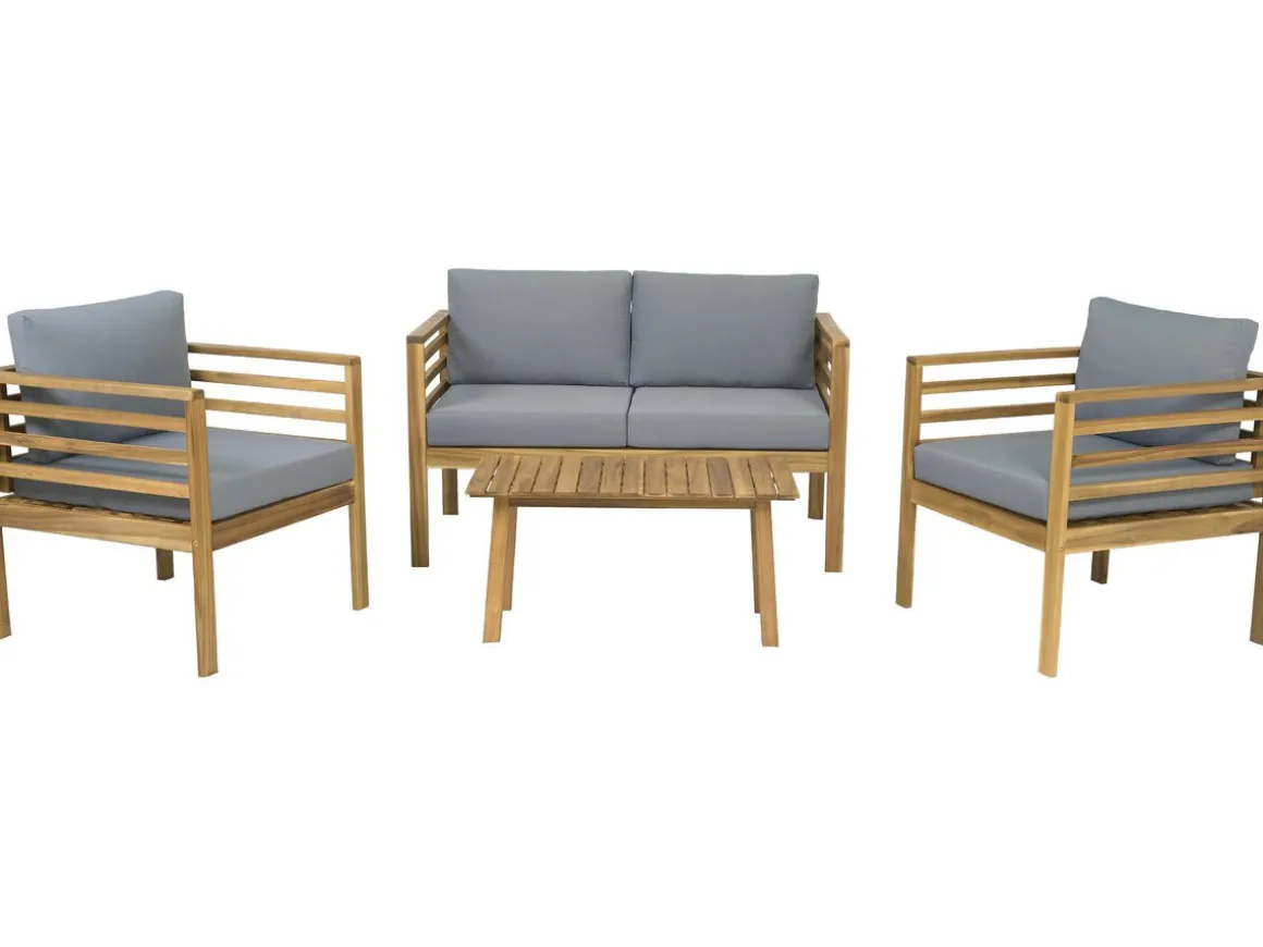 Salon de jardin en bois avec coussins "Beckham" - 4 places - Gris