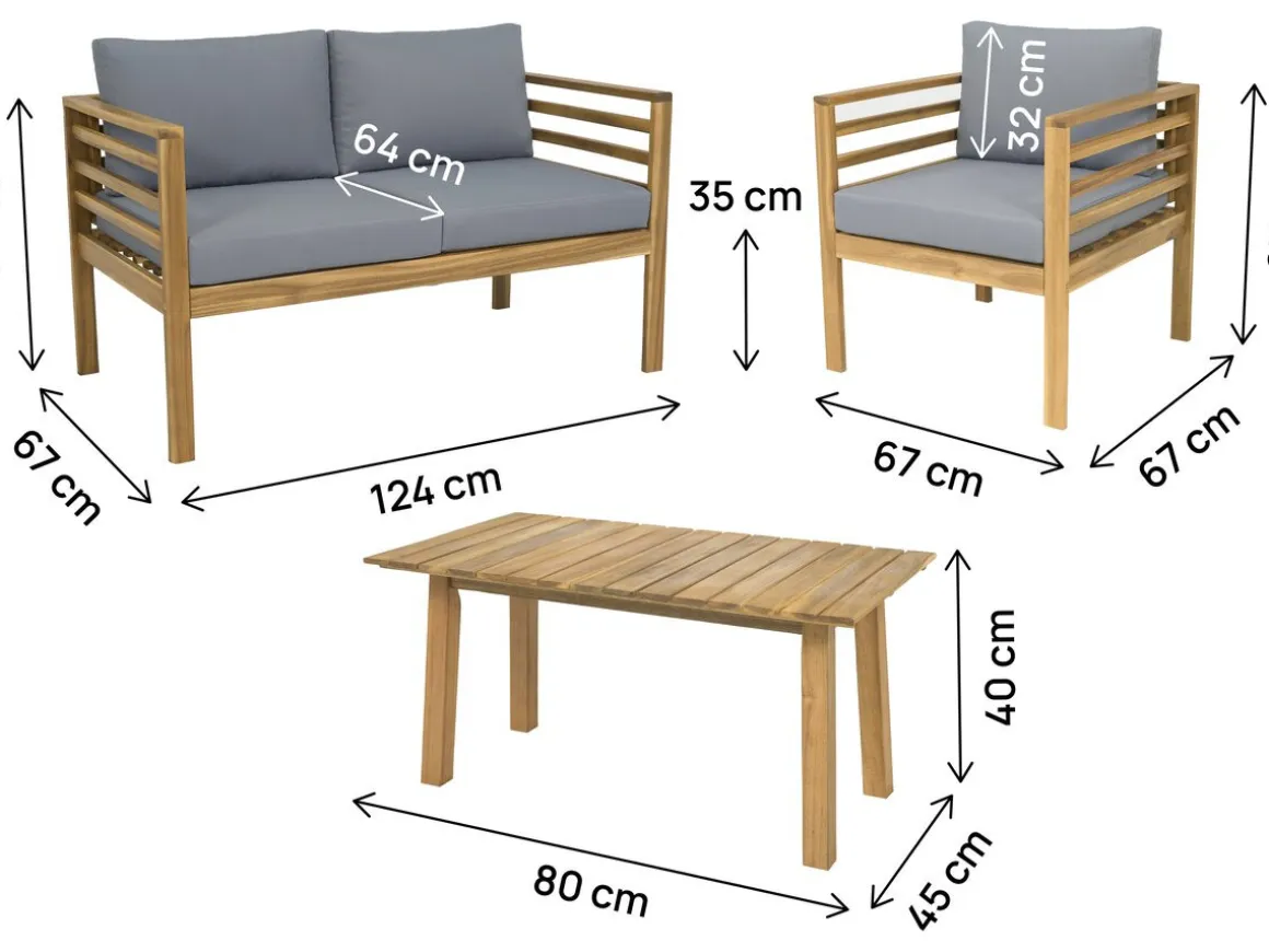 Salon de jardin en bois avec coussins "Beckham" - 4 places - Gris