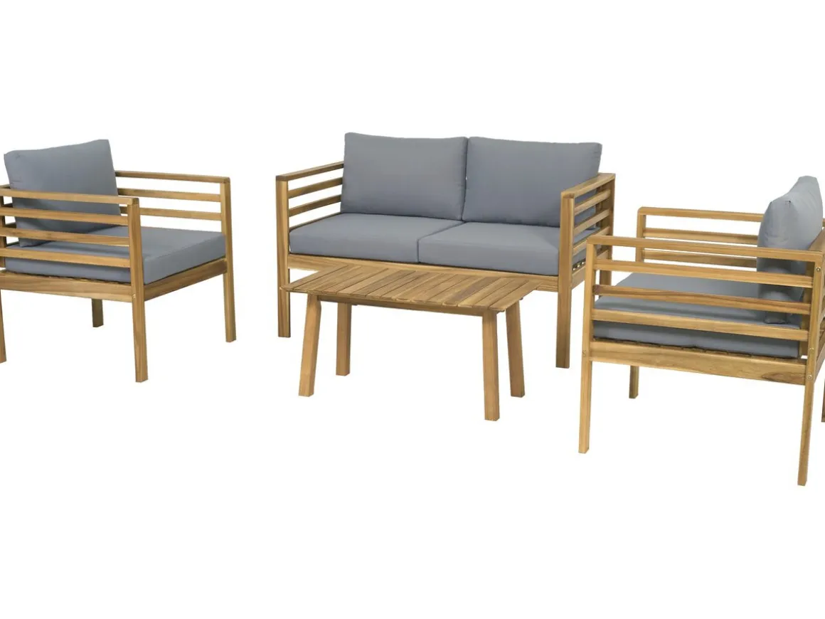 Salon de jardin en bois avec coussins "Beckham" - 4 places - Gris