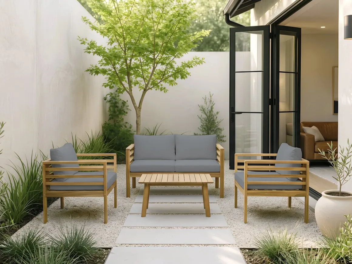 Salon de jardin en bois avec coussins "Beckham" - 4 places - Gris