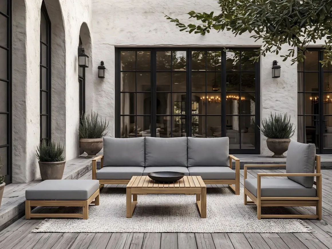 Salon de jardin en bois d'acacia avec coussins "Bellingham" - 5 places - Gris