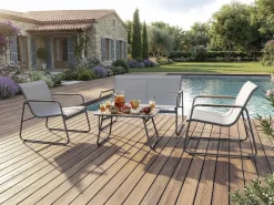 Salon de jardin en métal avec décor imitation bois