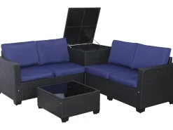 Salon de jardin en résine tressée avec coffre de rangement "Riley" - 4 places - Bleu foncé