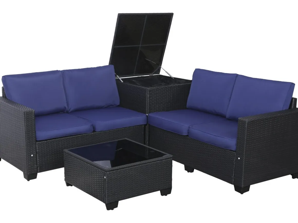Salon de jardin en résine tressée avec coffre de rangement "Riley" - 4 places - Bleu foncé