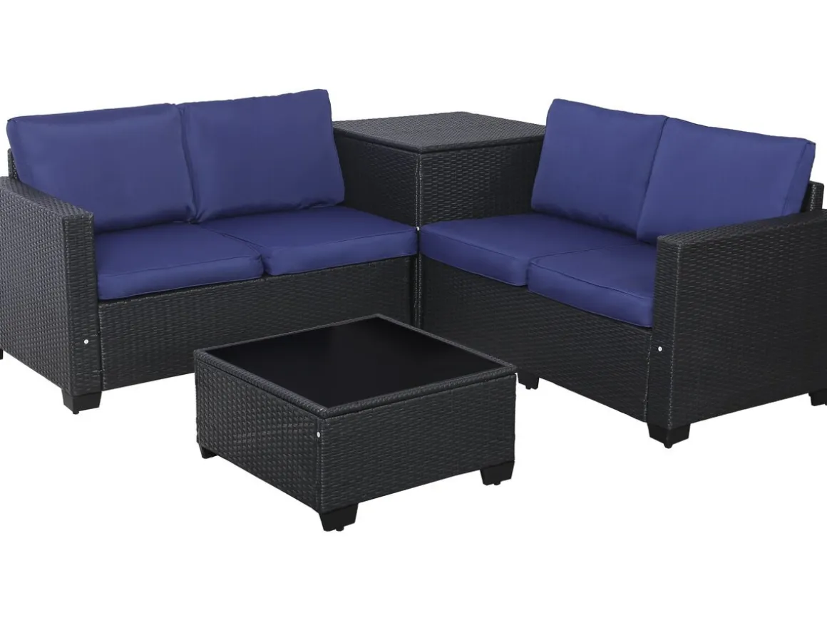 Salon de jardin en résine tressée avec coffre de rangement "Riley" - 4 places - Bleu foncé