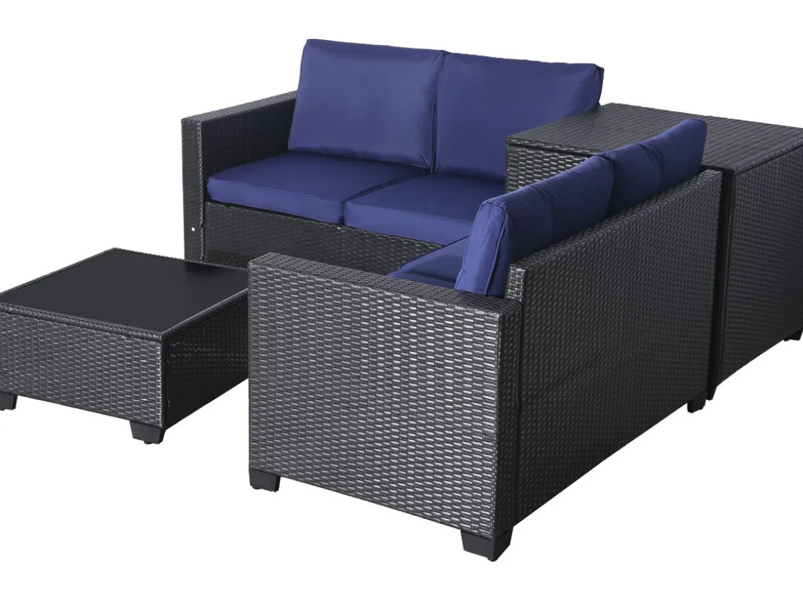 Salon de jardin en résine tressée avec coffre de rangement "Riley" - 4 places - Bleu foncé
