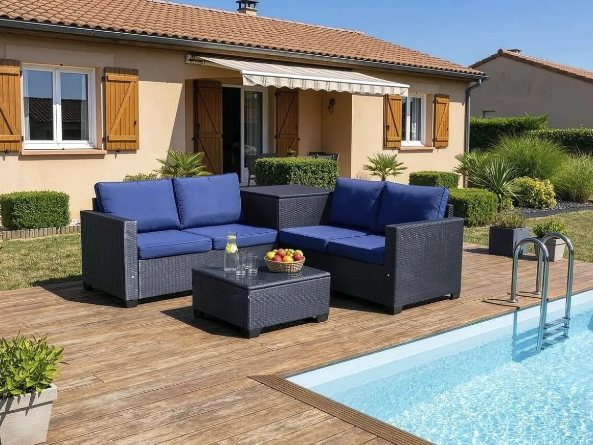 Salon de jardin en résine tressée avec coffre de rangement "Riley" - 4 places - Bleu foncé