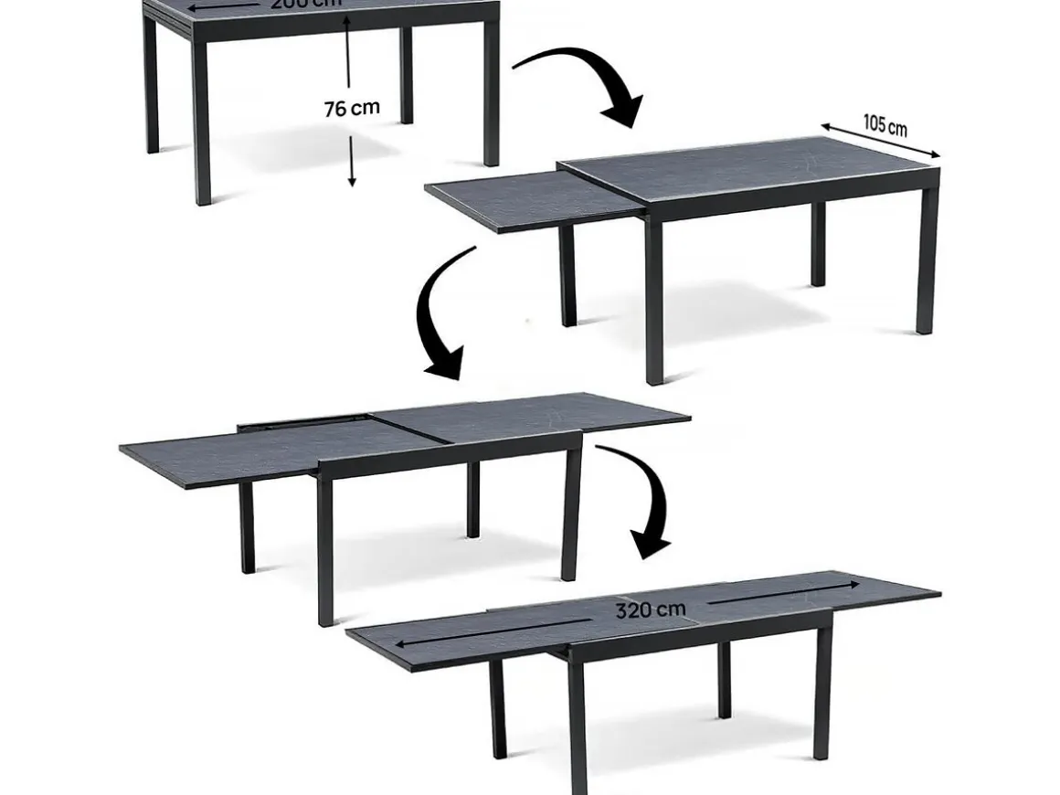 Salon de jardin repas extensible "Lagos" - 200/320 x 105 x 76 cm - 12 chaises - Taupe