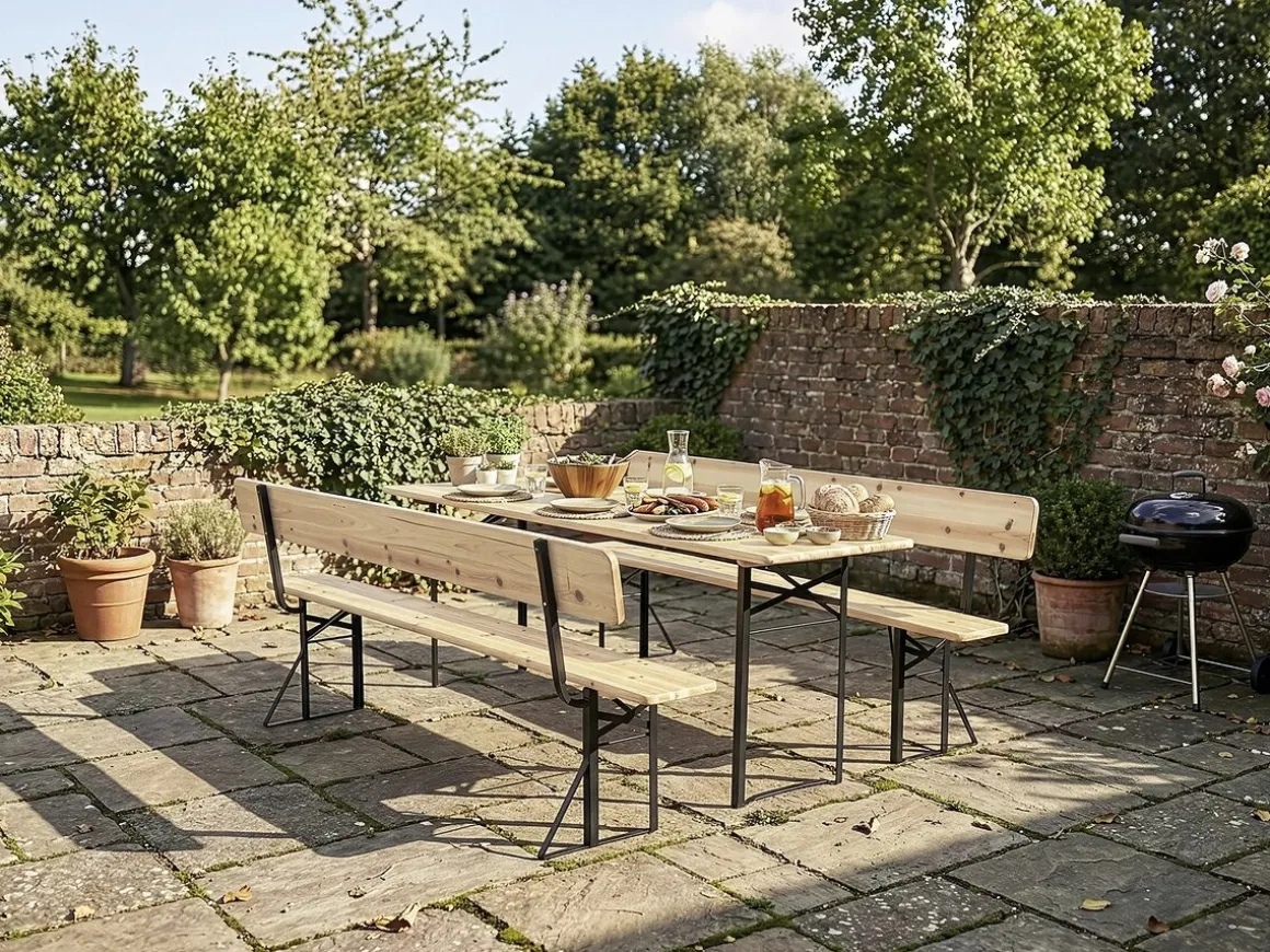 Salon de jardin set brasserie en bois avec dossier "Lisbonne" - 220 cm - Marron