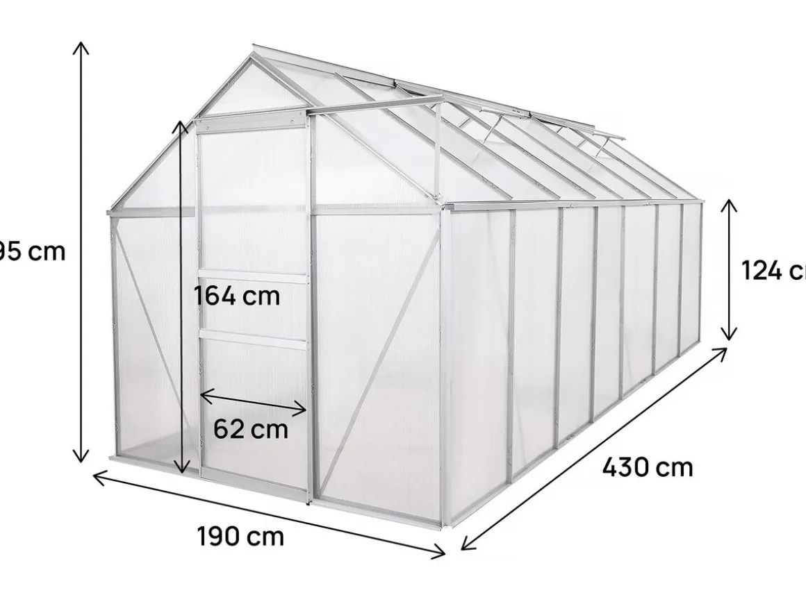 Serre jardin en polycarbonate 430 x 190 x 195 cm "Basilic" - 8,17 m² - Gris