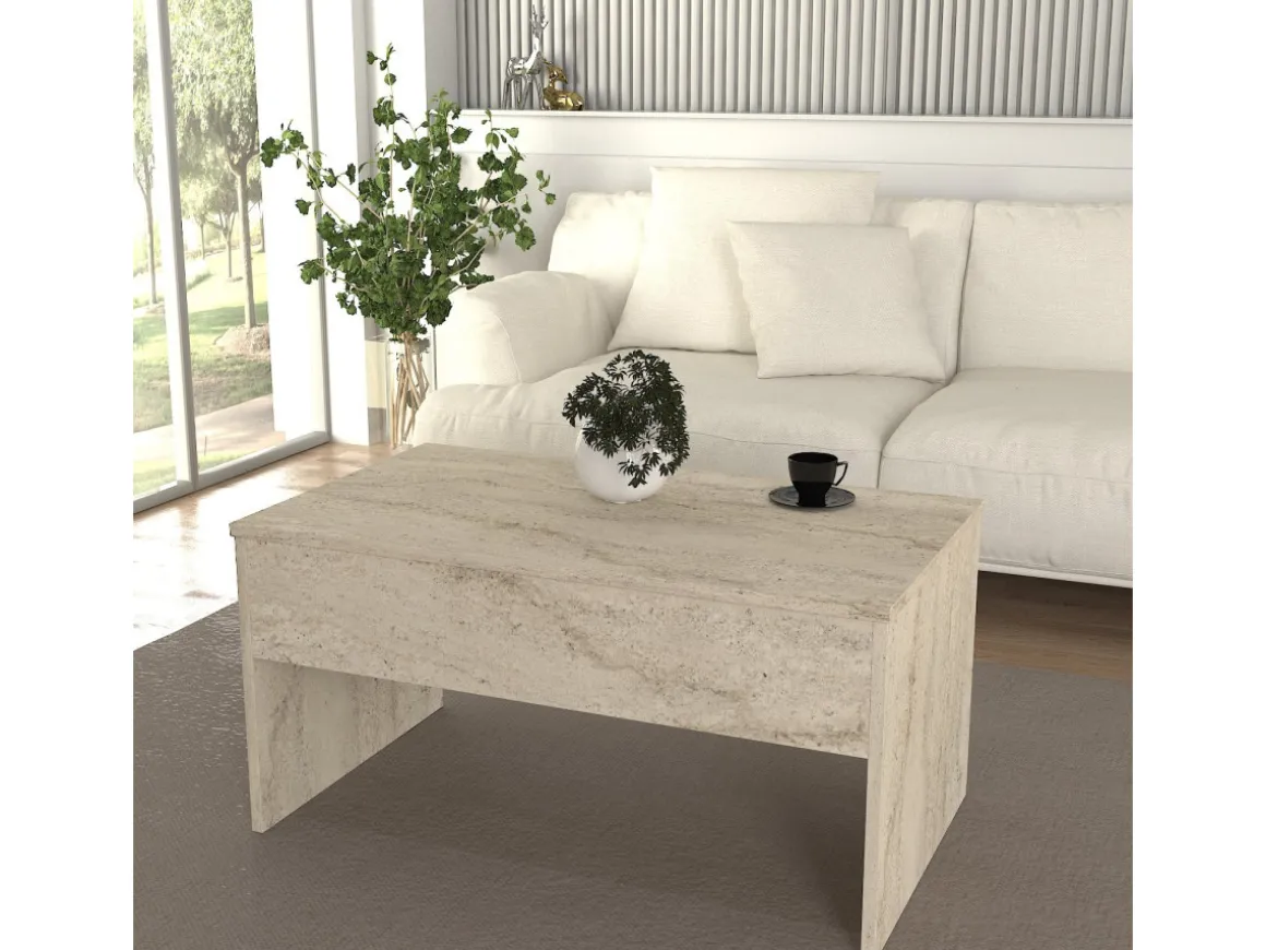 Table basse avec coffre de rangement en bois "Akilli" - 90 x 45 x 52 cm - Travertin