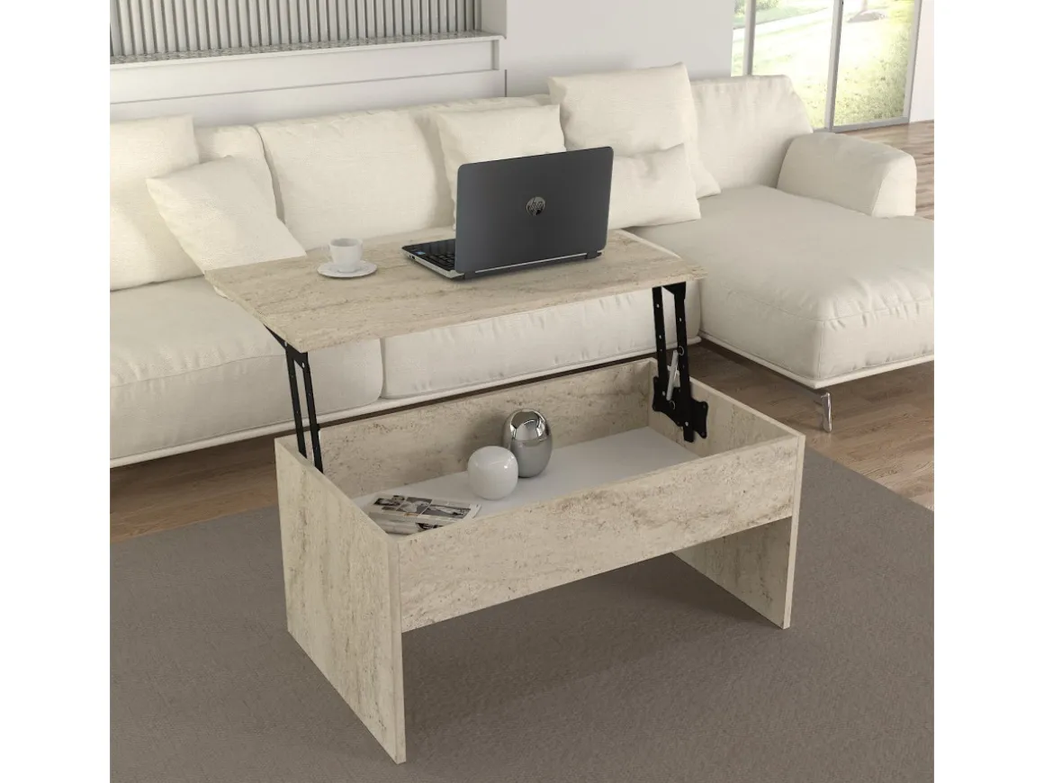 Table basse avec coffre de rangement en bois "Akilli" - 90 x 45 x 52 cm - Travertin