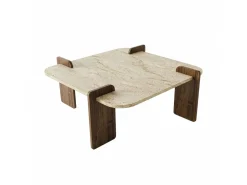 Table basse en bois "Afrolli" - 90 x 90 x 35 cm - Travertin