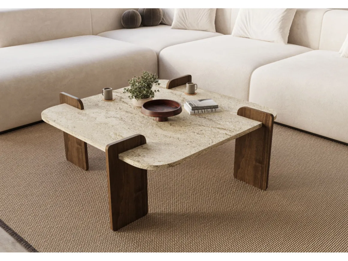 Table basse en bois "Afrolli" - 90 x 90 x 35 cm - Travertin