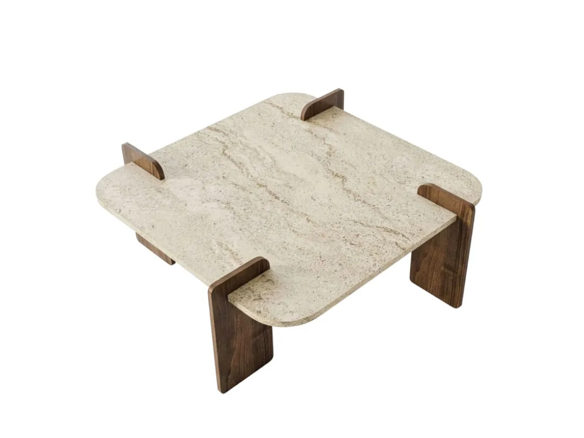 Table basse en bois "Afrolli" - 90 x 90 x 35 cm - Travertin