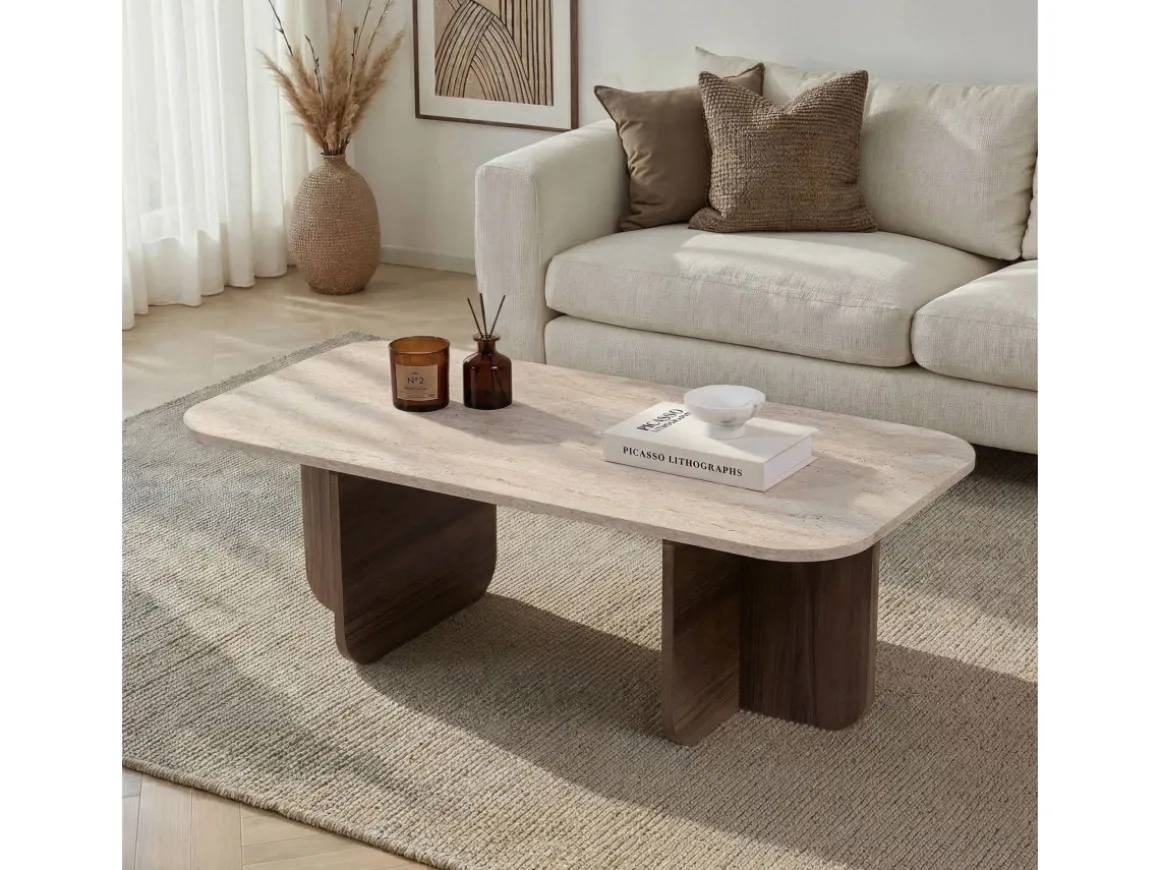 Table basse en bois "Akira" - 120 x 60 x 41 cm - Travertin