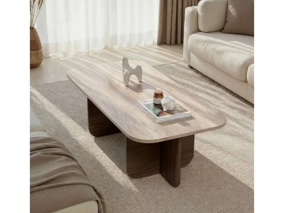 Table basse en bois "Akira" - 120 x 60 x 41 cm - Travertin