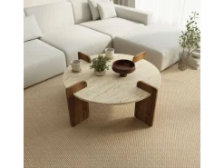 Table basse en bois "Avoure" - 90 x 90 x 35 cm - Travertin