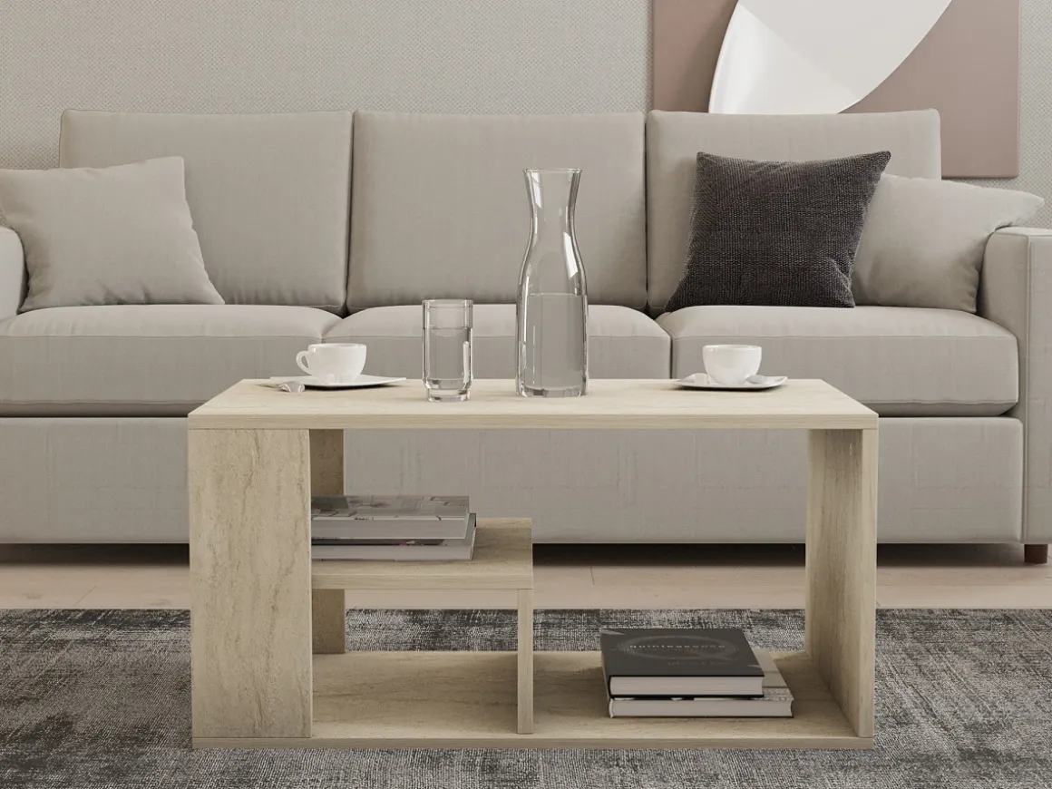 Table basse en bois "Eros" - 80 x 40 x 50 cm - Travertin