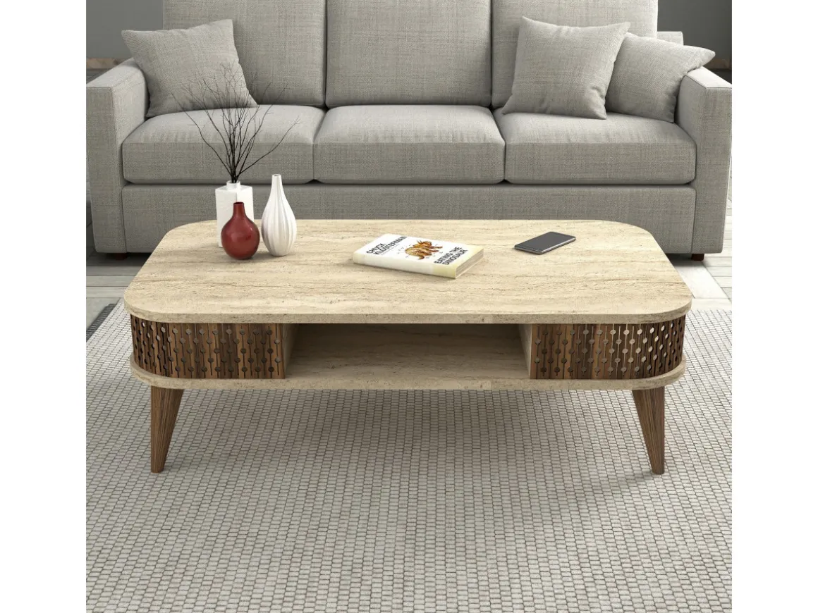 Table basse en bois "Eylul" - 105 x 60 x 35 cm - Travertin