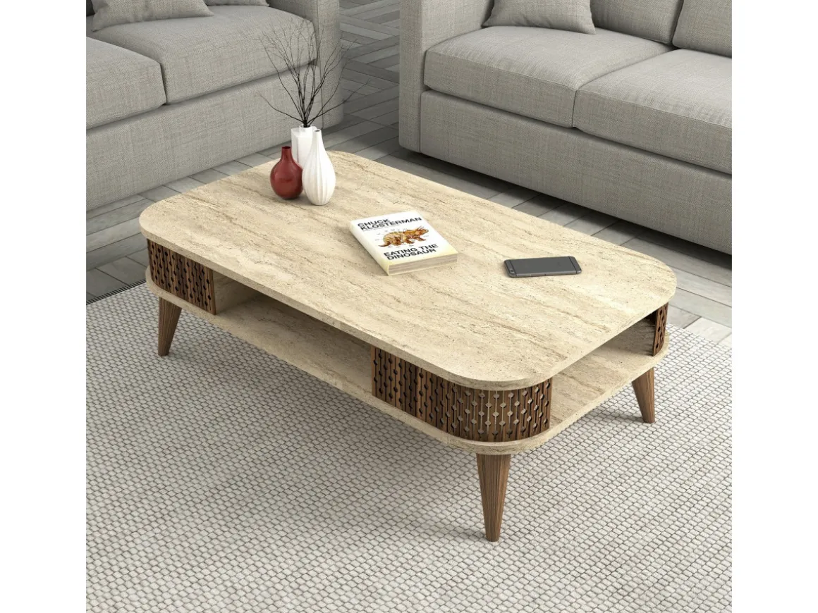 Table basse en bois "Eylul" - 105 x 60 x 35 cm - Travertin