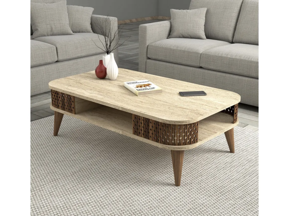 Table basse en bois "Eylul" - 105 x 60 x 35 cm - Travertin