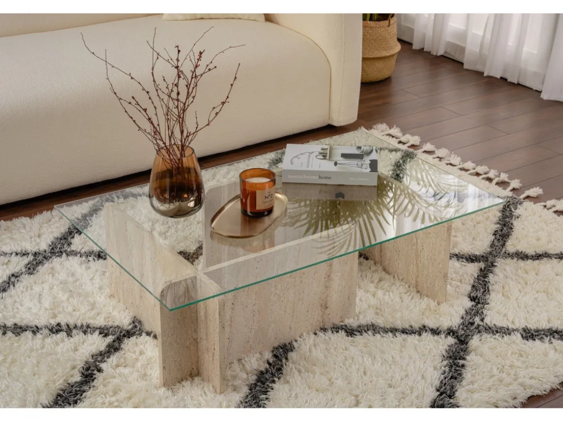 Table basse en bois "Flavio" - 105 x 65 x 30 cm - Travertin