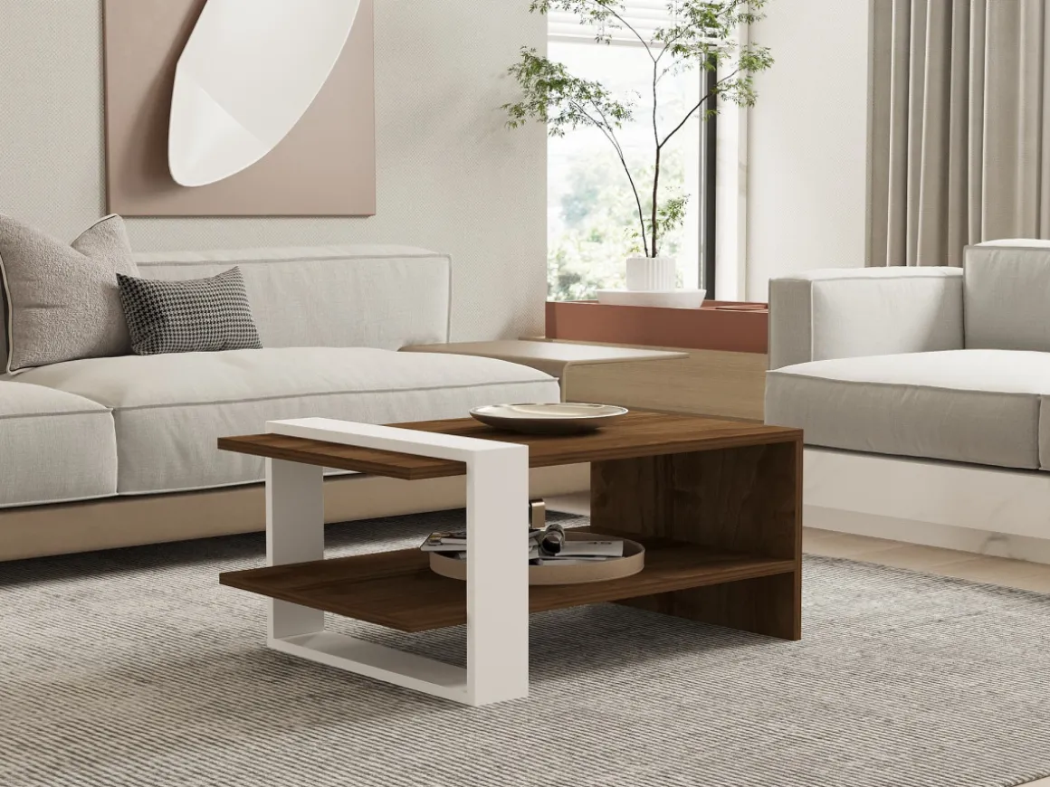Table basse en bois "Gaye" - 80 x 50 x 35 cm - Noyer, Blanc