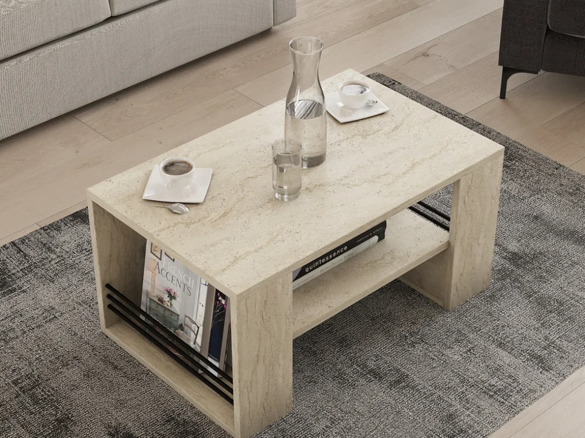 Table basse en bois "Iris" - 80 x 50 x 40 cm - Travertin