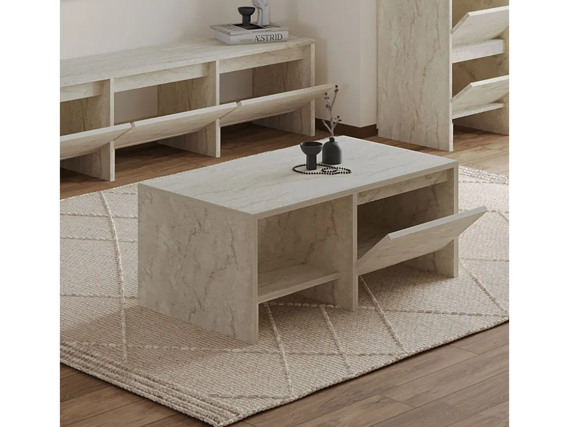 Table basse en bois "Laris" - 90 x 45 x 35 cm - Travertin