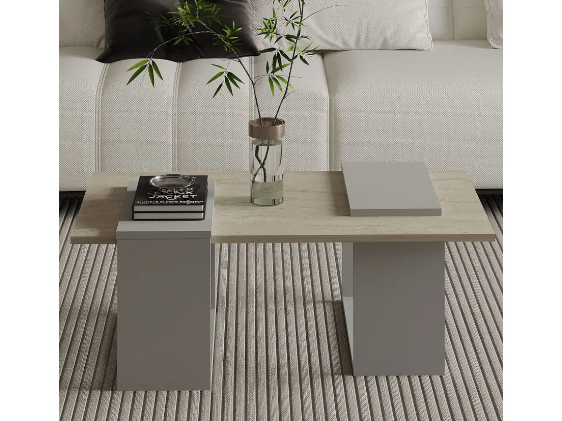 Table basse en bois "Matris" - 90 x 46 x 37 cm - Travertin