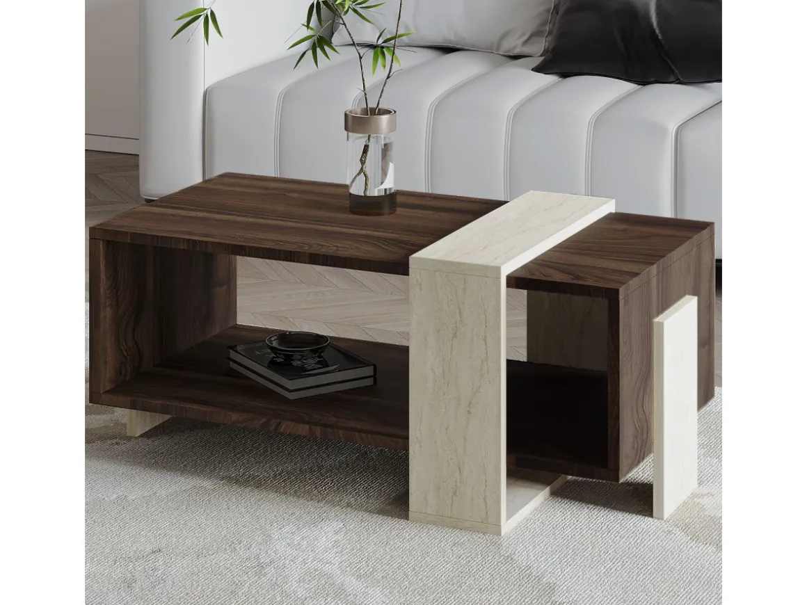 Table basse en bois "Meleni" - 90 x 49 x 40 cm - Travertin