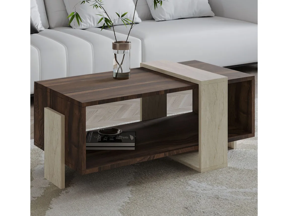 Table basse en bois "Meleni" - 90 x 49 x 40 cm - Travertin