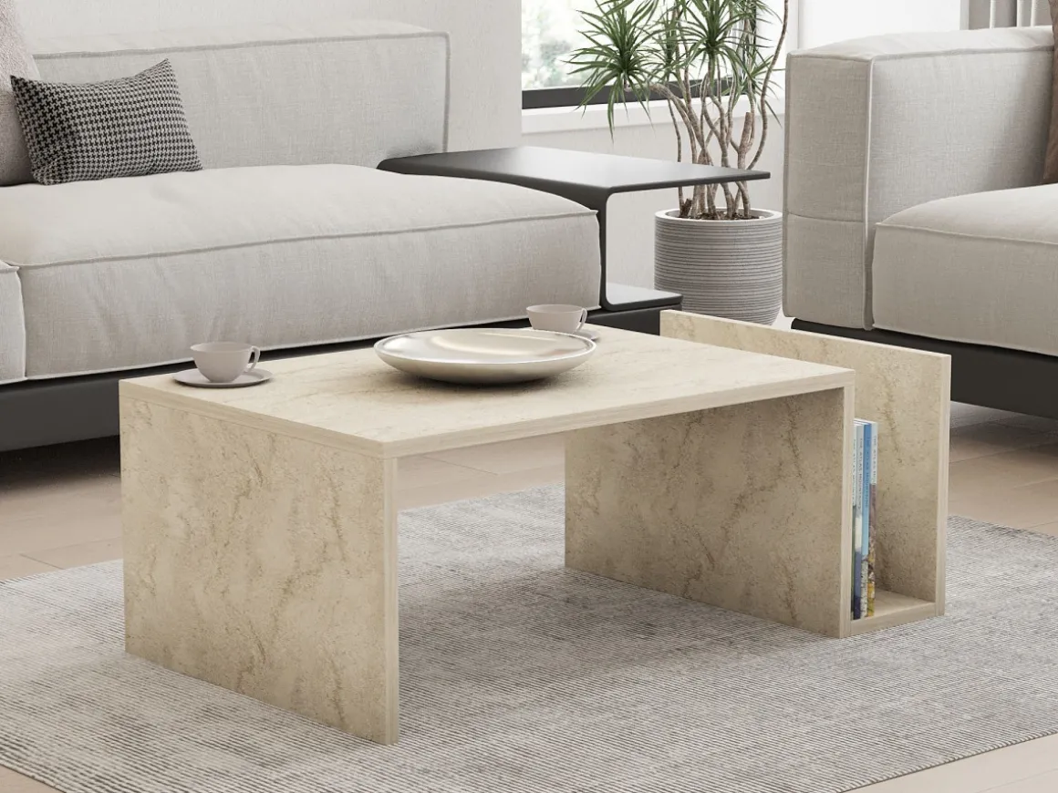 Table basse en bois "Memo" - 86 x 50 x 32 cm - Travertin